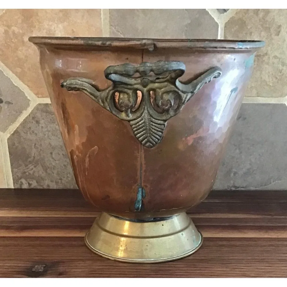 VTG Hammered Copper Bucket Brass Footed Ornate Handles Verdigris Patina 6.75x8.5